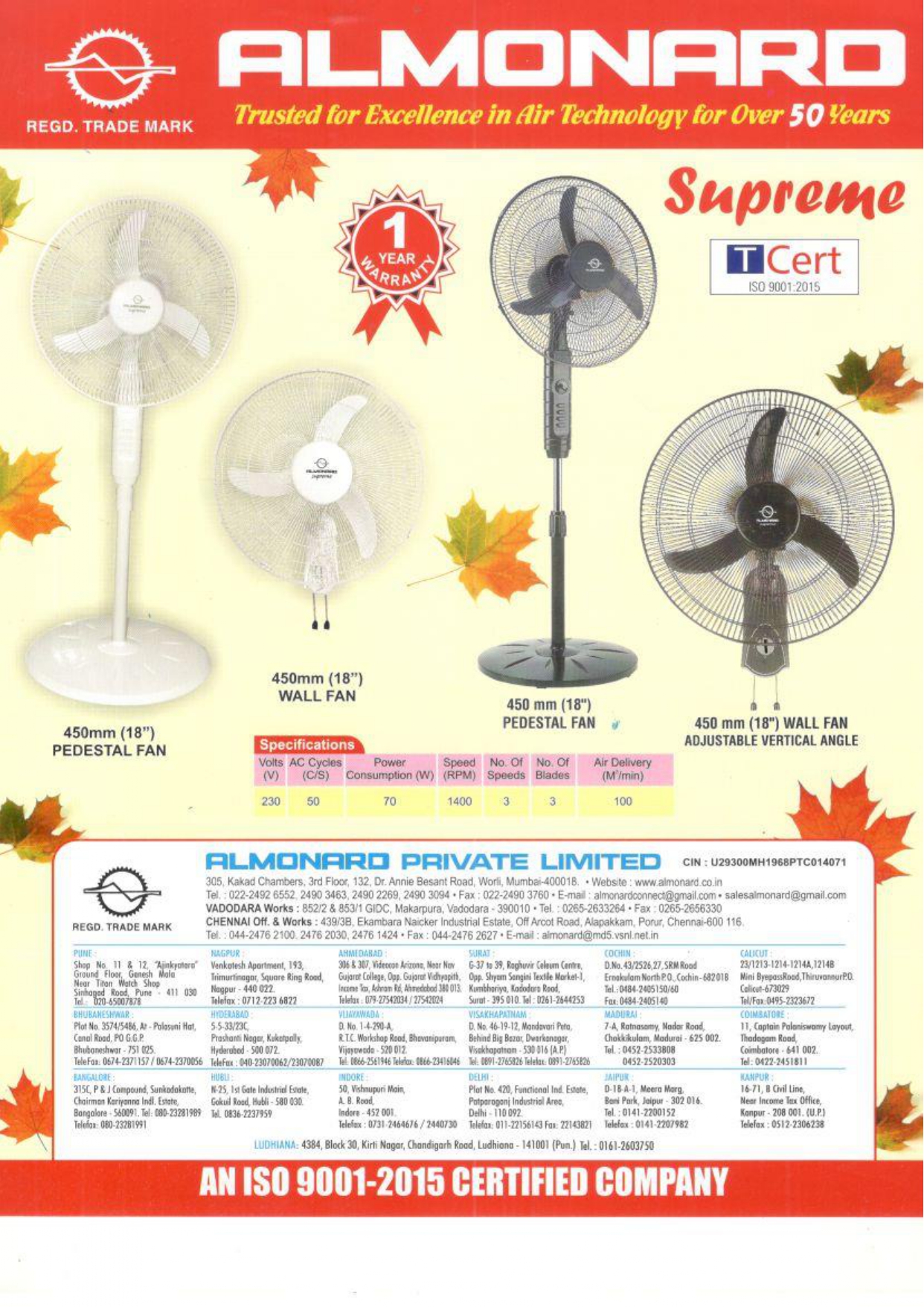 Almonard Supreme Pedestal Fan & Wall Fans - 450MM